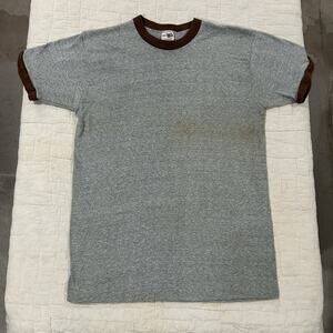Vintage 70s 80s Sears Ringer T Shirt Short Sleeve Heather Grey Brown Size M USA